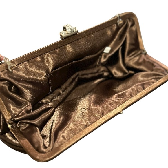 Vintage Brown Satin Rhinestone Clasp Clutch or Shoulder Chain 80’s Evening Bag - Picture 7 of 8